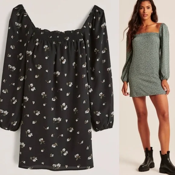 Abercrombie‎ & Fitch Smocked Black Floral Dress Size Small Mini Long Sleeve Boho - Picture 2 of 16